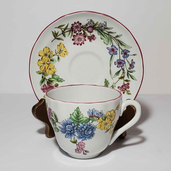 Spode Teacup and Saucer Romany Pink Blue Yellow Flowers - Picture 4 of 7